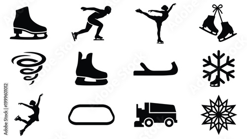Black and white winter sports and ice skating icons set