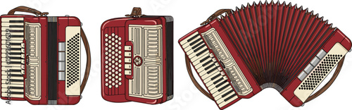 Konstfotografi Vintage accordion musical instrument collection with classic red concert accordi