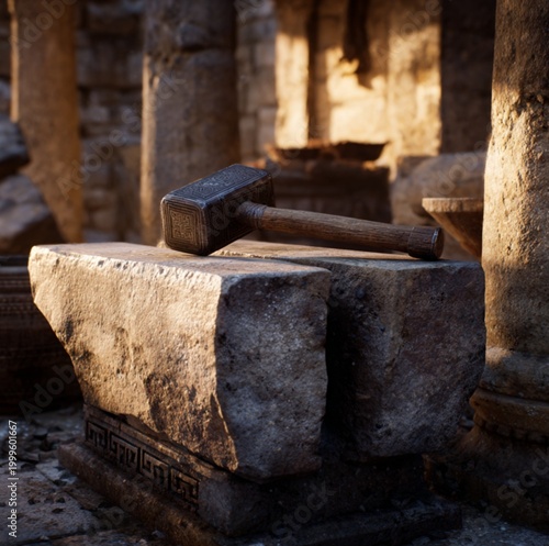 A heavy hammer resting on an anvil beside a large stone that is almost split in half, visible cracks forming, dim ancient Greek workshop, dust in the air, cinematic lighting
