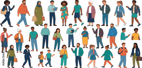 Large diverse collection of people characters in various casual and professional outfits for community concepts