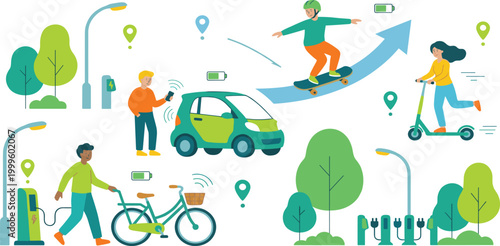 Modern eco friendly smart mobility vector set featuring electric vehicles charging stations and urban commuters