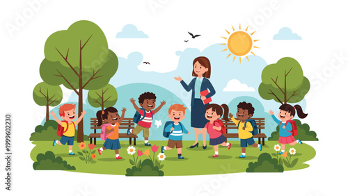 Friendly teacher leading a diverse group of happy students with backpacks for an outdoor lesson in a sunny park with trees, flowers, and benches.