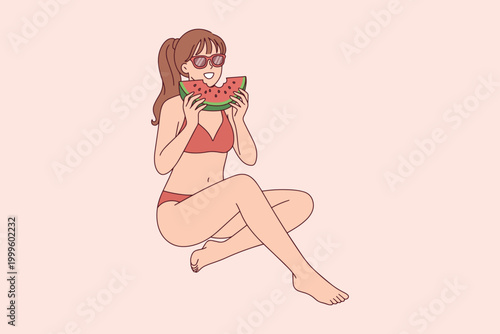 A young woman wearing a bikini and sunglasses enjoys a large slice of watermelon during a summer holiday. Concept of leisure, vacation, and refreshing summer snacks.
