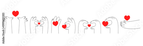 Hand drawn outline illustration of multiple hands holding heart shapes. Isolated on white. Great for charity, blood donation, unity, helping and relationship concepts