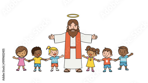 Religious illustration depicts Jesus Christ standing with a group of diverse happy children from different backgrounds holding hands in unity.