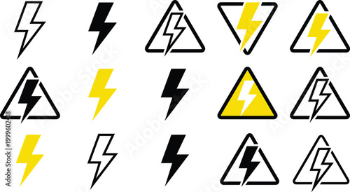 Electric Warning Icon Set with Lightning Bolt Symbols in Triangle Signs for Danger High Voltage Safety Alerts and Hazard Indication Vector Illustration