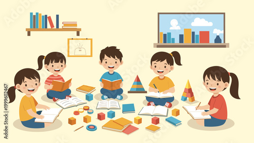 Group of elementary students sits comfortably on the floor of a classroom while reading books and playing with colorful wooden building blocks.