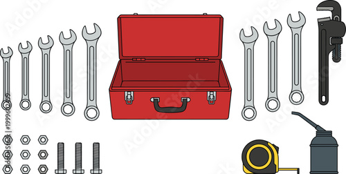 Mechanical Tool Kit with Wrenches, Adjustable Pipe Wrench, Oil Can, Measuring Tape, Nuts, Bolts and Toolbox for Repair and Maintenance Vector Illustration