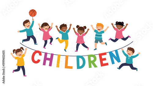Group of diverse and happy children jumps excitedly over a colorful banner that displays the word children in large capital letters.