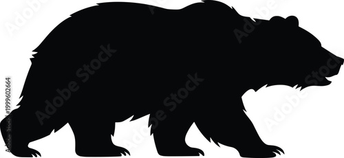 Black silhouette of a grizzly bear walking with mouth open on white background brown bear animal