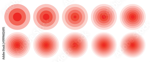 Red pain circles. Ripple rings of pain concentration, circular target and gradient ripples gradation. Radar pulse waves, headache point indicator and radial echoing vibrations vector set