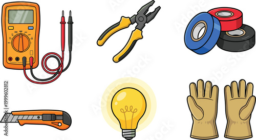 Electrical Tools and Equipment Vector Set Featuring Multimeter Pliers Insulation Tape Utility Knife Light Bulb and Protective Gloves Illustration Collection
