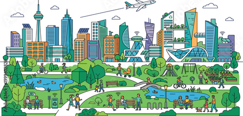 Sustainable smart city vector illustration with green park eco friendly buildings and modern urban life