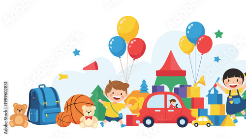 Large variety of colorful toys and items for children including a teddy bear, backpack, basketball, toy car, building blocks, and balloons for play.