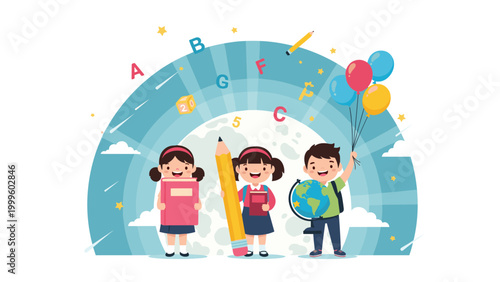 Three young students standing in front of a blue celestial background with a giant pencil, a book, a globe, and floating educational symbols.