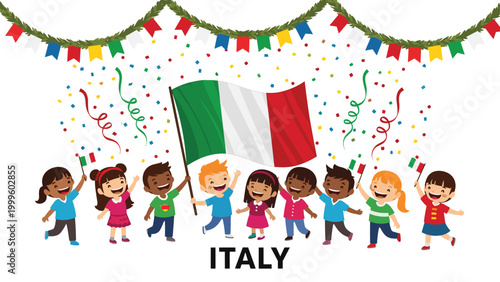 Group of happy children of various ethnicities celebrating with an Italian flag and colorful confetti under festive garlands for Italy's national day.