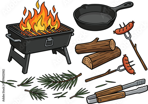 Camping BBQ Equipment Vector Set Featuring Grill Firewood Sausages Skewers Cast Iron Pan Tongs and Outdoor Cooking Essentials Illustration Collection