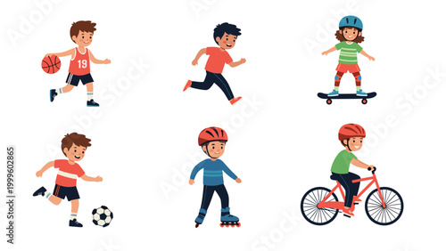 Set of six illustrations depicting boys engaged in various sports like basketball, soccer, running, skateboarding, rollerblading, and cycling with gear.