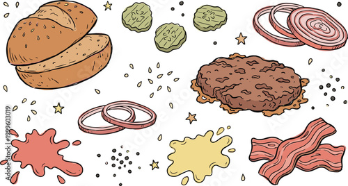 Burger Ingredients Hand Drawn Vector Set Featuring Bun Patty Bacon Onion Pickles Sauces and Spices Sketch Style Fast Food Illustration Collection