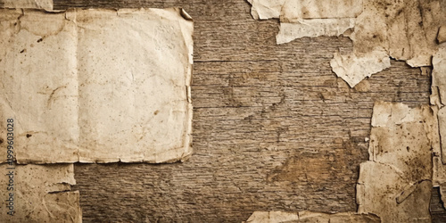 Vintage background featuring torn aged paper scraps on a rustic wooden surface. Elegant weathered texture perfect for historical themes, scrapbooking, and rustic digital storytelling.