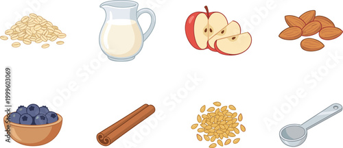 Healthy Breakfast Ingredients Vector Set Featuring Oats Milk Apple Almonds Blueberries Cinnamon Seeds and Measuring Spoon Natural Food Illustration Collection