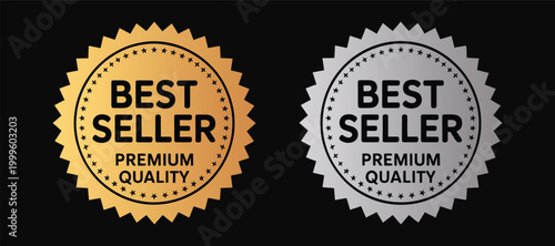 Gold and silver best seller premium quality badge labels isolated on black background
