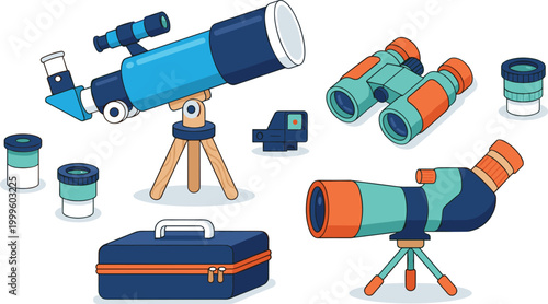 Astronomy Equipment Vector Set Featuring Telescope Binoculars Eyepieces Tripod Case and Optical Devices for Stargazing Observation and Space Exploration Illustration