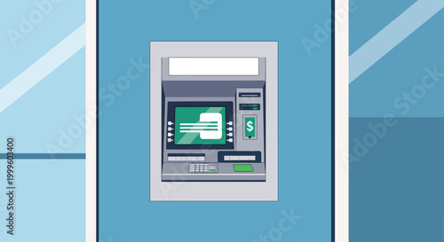 Close up view of a modern automated teller machine or ATM embedded in a blue wall for quick and secure banking transactions.