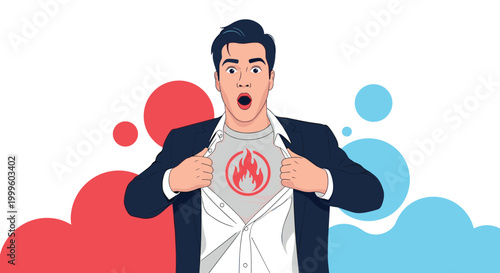Surprised businessman opening his white dress shirt to reveal a superhero undershirt with a bright red fire icon symbol.