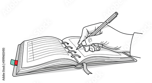 Person holding a pen and writing notes in an open spiral notebook or personal planner with a small colorful bookmark.