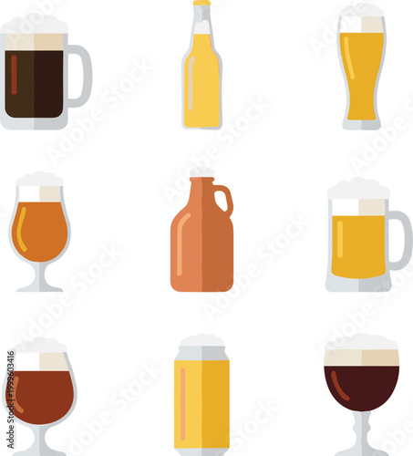 Beer Drink Icon Set with Bottles, Mugs, Glasses and Craft Beverage Styles for Bar, Brewery, Pub and Alcohol Drink Vector Illustration