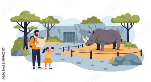 Father holding a map and his young daughter taking a photo of a large grey rhinoceros in a zoo enclosure with trees.