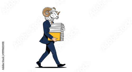 Conceptual illustration of a businessman with a ram head carrying a large stack of white office documents and a folder.