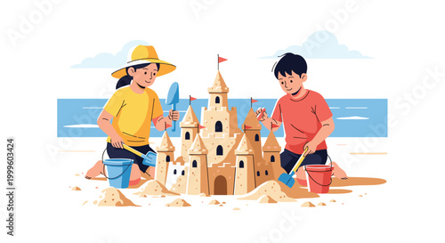 Happy little boy and girl wearing a sun hat building a large detailed sandcastle together on a sunny beach by the sea.