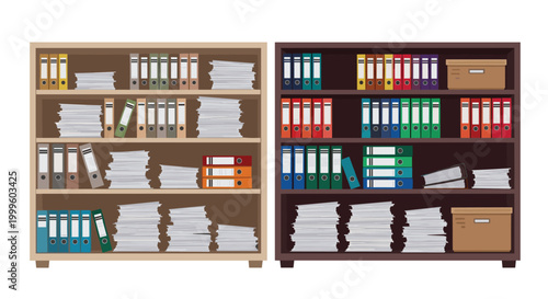 Two large wooden office bookshelves completely filled with colorful binders and messy stacks of white paper documents.
