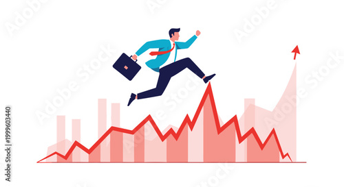 Successful businessman with a briefcase jumping over a rising red line graph that symbolizes major financial growth.