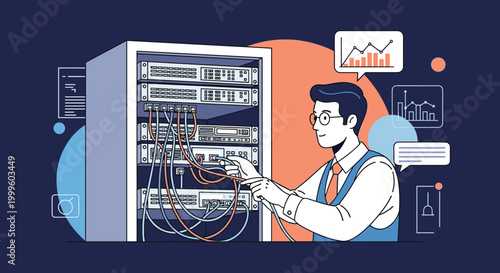 Male IT professional wearing glasses and a vest connecting various cables to a server rack in a busy data center room.