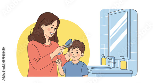 Loving mother smiling while carefully brushing her young son's brown hair in front of a mirror in the bathroom.