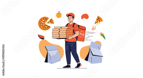 Pizza delivery courier in an orange uniform carrying a tall stack of boxes with delicious floating pizza slices around.