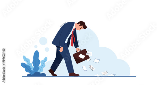 Sad businessman looking down while walking away and accidentally losing white papers from his open brown briefcase.