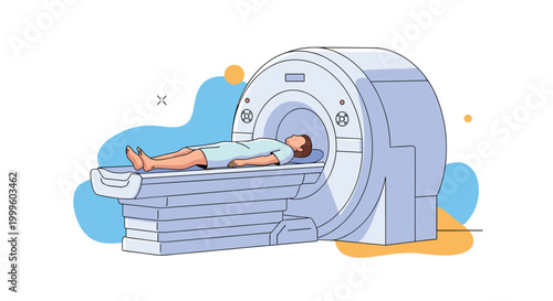 Patient lying on a moving table being prepared for a medical imaging scan inside a large modern hospital MRI machine.