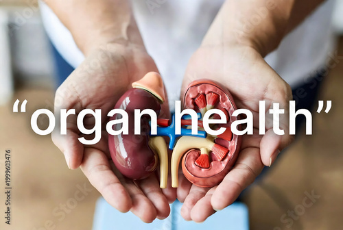 Hands hold a model of human kidneys, representing organ health. A healthcare professional is likely examining the organs. The setting appears to be a clinical environment.