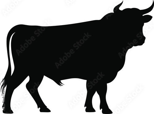Black silhouette of a standing bull with horns on a white background cattle animal