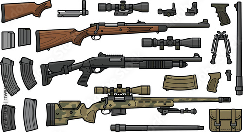 Detailed Firearms Weapon Parts and Accessories Vector Set Featuring Rifles Shotguns Sniper Guns Magazines Scopes Bipod Grips and Tactical Equipment Illustrations