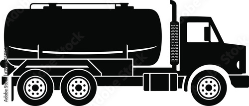 Black silhouette of a tanker truck with a large cylindrical tank and multiple wheels on a white background
