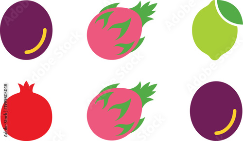 Minimal Tropical Fruit Vector Set Featuring Dragon Fruit, Plum, Lemon and Pomegranate in Simple Flat Style for Modern Food Icons and Creative Design Projects