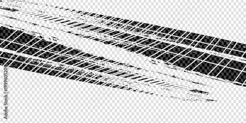 Abstract monochrome illustration featuring dynamic tire track patterns with a distressed, grunge effect