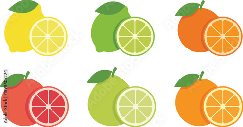 Citrus Fruit Vector Set Featuring Lemon, Lime, Orange and Grapefruit with Whole and Slice Views in Flat Style for Fresh Food Design and Healthy Nutrition Concepts