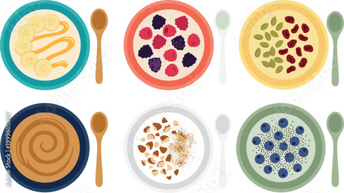 Healthy Breakfast Bowl Collection Vector Illustration Featuring Smoothie Bowls Oatmeal Yogurt with Berries Banana Nuts Seeds and Creamy Dessert Variations