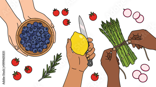 Healthy Cooking and Fresh Ingredients Vector Illustration Featuring Hands Preparing Blueberries Lemon Asparagus Tomatoes Radish and Herbs Organic Food Concept